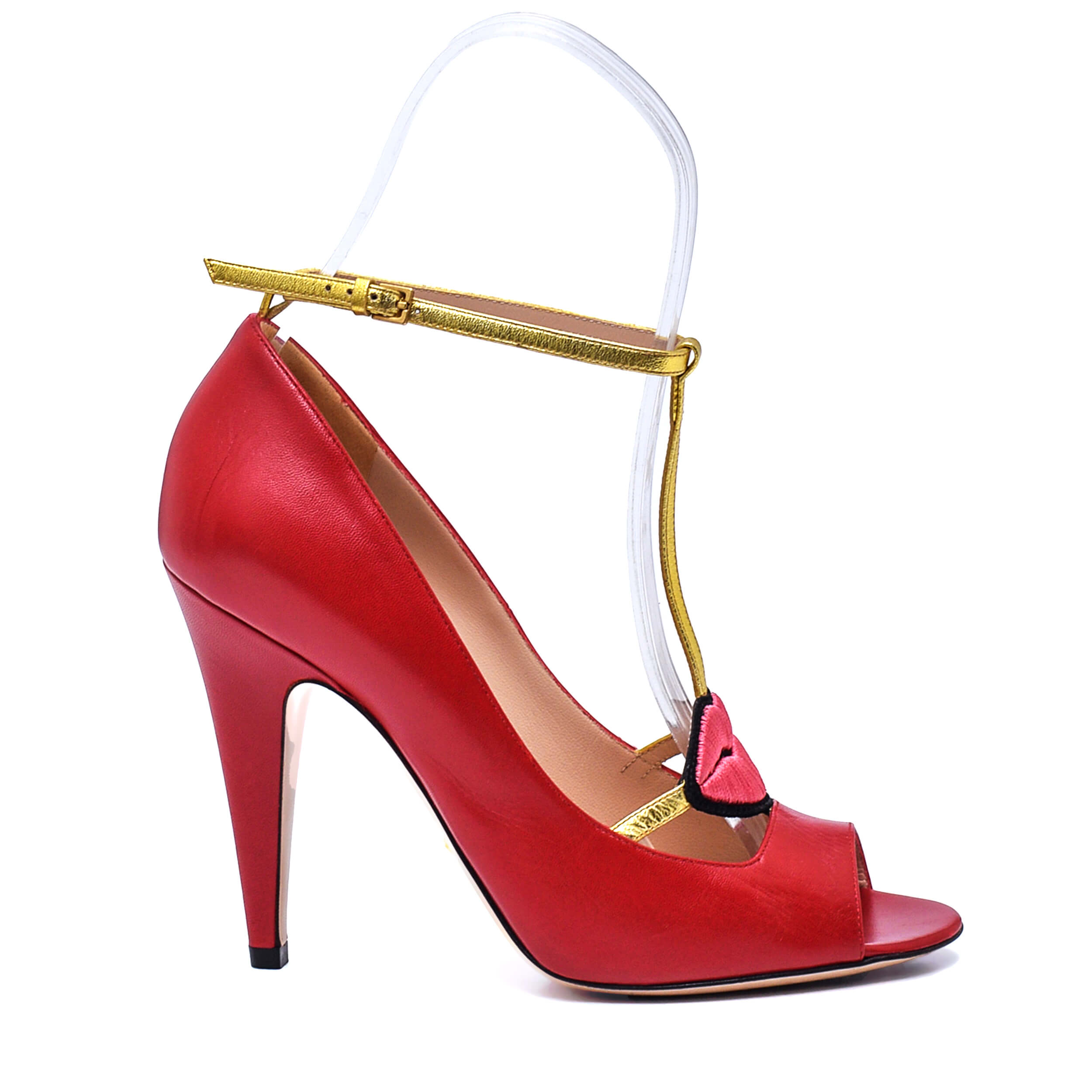 Gucci - Red Leather Lip Detailed Open Toe Heels 38